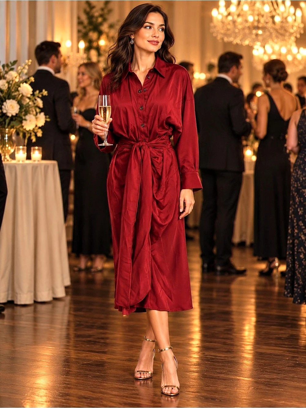 BTFBM Burgundy Satin Long Sleeve Tie Waist Midi Shirt Dress Large NWT